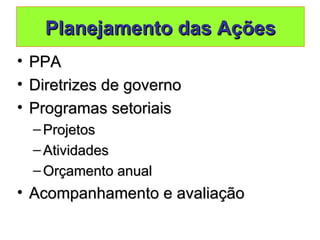 Planejamento das Ações
•   PPA
•   Diretrizes de governo
•   Programas setoriais
    – Projetos
    – Atividades
    – Orçamento anual
• Acompanhamento e avaliação
 