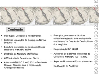 SO31000:2009ISO22301:2012I
 Introdução, Conceitos e Fundamentos
 Sistemas Integrados de Gestão e a Norma
UNE 66.177
 Estrutura e processo de gestão de Riscos
segundo a NBR ISO 31000
 Diretrizes da NBR ISO 31000:2009
 ABR - Auditoria Baseada em Riscos
 A Norma NBR ISO 31010:2012 - Gestão de
Riscos - Técnicas para o processo de
Avaliação de Riscos
 Princípios, processos e técnicas
utilizadas na gestão e na avaliação de
um Sistema de Gestão da Continuidade
dos Negócios
 Requisitos da ISO 22301
 Auditorias de Sistemas Integrados de
Gestão e a NBR ISO 19011 : 2012
 Aspectos Humanos e Comportamentais
 Certificação de Auditores
Conteúdo
 