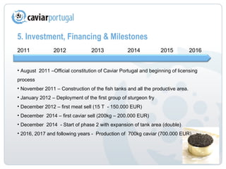 5. Investment, Financing & Milestones 2011  2012  2013  2014  2015  2016  August  2011 –Official constitution of Caviar Portugal and beginning of licensing process  November 2011 – Construction of the fish tanks and all the productive area.  January 2012 – Deployment of the first group of sturgeon fry December 2012 – first meat sell (15 T  - 150.000 EUR) December  2014 – first caviar sell (200kg – 200.000 EUR) December  2014  - Start of phase 2 with expansion of tank area (double)  2016, 2017 and following years -  Production of  700kg caviar (700.000 EUR) 