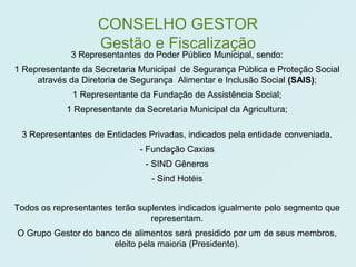 CONSELHO GESTOR
                    Gestão e Fiscalização
             3 Representantes do Poder Público Municipal, sendo:
1 Representante da Secretaria Municipal de Segurança Pública e Proteção Social
     através da Diretoria de Segurança Alimentar e Inclusão Social (SAIS);
             1 Representante da Fundação de Assistência Social;
            1 Representante da Secretaria Municipal da Agricultura;

 3 Representantes de Entidades Privadas, indicados pela entidade conveniada.
                              - Fundação Caxias
                               - SIND Gêneros
                                 - Sind Hotéis


Todos os representantes terão suplentes indicados igualmente pelo segmento que
                                 representam.
O Grupo Gestor do banco de alimentos será presidido por um de seus membros,
                      eleito pela maioria (Presidente).
 