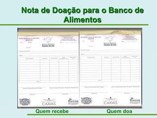 Nota de Doação para o Banco de
          Alimentos




   Quem recebe      Quem doa
 