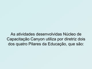 As atividades desenvolvidas Núcleo de
Capacitação Canyon utiliza por diretriz dois
dos quatro Pilares da Educação, que são:
 