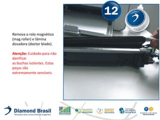 Remova o rolo magnético
(mag roller) e lâmina
dosadora (doctor blade).

Atenção: Cuidado para não
danificar
as buchas isolantes. Estas
peças são
extremamente sensíveis.
 