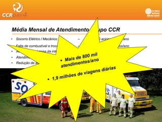 Média Mensal de Atendimento Grupo CCR
•   Socorro Elétrico / Mecânico             –   294.000 acionamentos/ano

•   Falta de combustível e troca de pneus   –   108.000
                                                108 000 acionamentos/ano
•   Acessos às páginas da internet por ano -      2,8 milhões de acessos
•   Atendimento Pré-Hospitalar              –   40.000 acionamentos/ano
•   Redução de acidentes em 27% e mortes em 54%
 