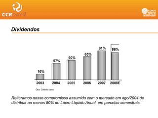 Dividendos


                                                  91%    86%
                                           65%
                                    60%
                              57%


             16%


             2003            2004   2005   2006   2007   2008E
            Obs: Critério caixa



Reiteramos nosso compromisso assumido com o mercado em ago/2004 de
distribuir ao menos 50% do Lucro Líquido Anual em parcelas semestrais
                                         Anual,            semestrais.
 