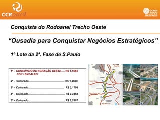 Conquista do Rodoanel Trecho Oeste
   q

“Ousadia para Conquistar Negócios Estratégicos”

1º Lote da 2ª. Fase de S.Paulo


1º – CONSÓRCIO INTEGRAÇÃO OESTE..... R$ 1,1684
     CCR / ENCALSO

2º – Colocado................................................ R$ 1,2600

3º – Colocado................................................ R$ 2,1799

4º – Colocado................................................. R$ 2,2468

5º – Colocado................................................. R$ 2,2807
 