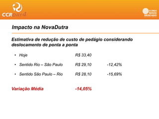 Impacto na NovaDutra
  p

Estimativa de redução de custo de pedágio considerando
deslocamento de ponta a ponta

 • Hoje                      R$ 33,40

 • Sentido Rio – São Paulo   R$ 29,10     -12,42%

 • Sentido São Paulo – Rio   R$ 28 10
                                28,10     -15,69%
                                          -15 69%


Variação Média               -14,05%
                             -14 05%
 