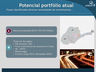 Potencial portfólio atual
Foram identificadas diversas necessidades de investimentos...




      Receita projetada 2016 E: R$ 154 milhões.




      Potencial da região:
      • PIB nacional: 34%;
      • Forte crescimento de receita em 4 anos;
      • 4G – HDTV;
      • Banda larga;
      • Eventos (Copa 2014, Olimpíadas 2016).
 