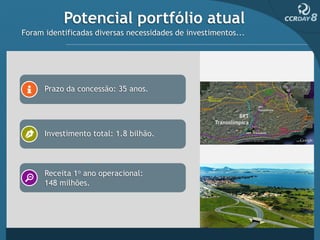 Potencial portfólio atual
Foram identificadas diversas necessidades de investimentos...




      Prazo da concessão: 35 anos.




      Investimento total: 1.8 bilhão.



      Receita 1o ano operacional:
      148 milhões.
 