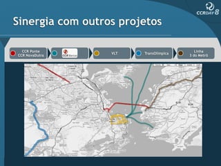 Sinergia com outros projetos

  CCR Ponte                                Linha
                  VLT   TransOlímpica
CCR NovaDutra                           3 do Metrô
 