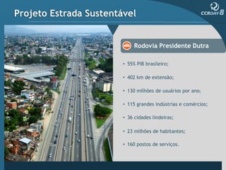 Projeto Estrada Sustentável


                             Rodovia Presidente Dutra

                        • 55% PIB brasileiro;

                        • 402 km de extensão;

                        • 130 milhões de usuários por ano;

                        • 115 grandes indústrias e comércios;

                        • 36 cidades lindeiras;

                        • 23 milhões de habitantes;

                        • 160 postos de serviços.
 