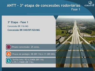 ANTT – 3ª etapa de concessões rodoviárias
                                                    Fase 1



3ª Etapa – Fase 1
Concessão BR 116/MG
Concessão BR 040/DF/GO/MG




    Prazo concessão: 25 anos.

    Praças de pedágio: 08 (BR 116) e 11 (BR 040).

    Tarifas teto: R$ 6,25406 (BR 116)
    e R$ 3,74680 (BR 116).
 