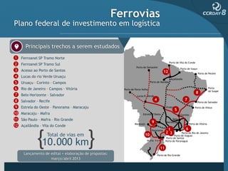 Ferrovias
Plano federal de investimento em logística

      Principais trechos a serem estudados
1   Ferroanel SP Tramo Norte
                                                                                                   Porto de Vila do Conde
2   Ferroanel SP Tramo Sul
                                                                   Porto de Santarém
                                                                                                               Porto de Itaqui
3   Acesso ao Porto de Santos                                                                 12                                 Porto de Pecém
4   Lucas do rio Verde Uruaçu
                                                                                                    Açailandia
5   Uruaçu – Corinto – Campos                                                   Porto de Marabá

6   Rio de Janeiro – Campos – Vitória                    Porto de Porto Velho
                                                                                                                                           Porto
                                                                                                                                           de Suape
                                                                                                                              8
7   Belo Horizonte – Salvador                                      Lucas R. Verde

8   Salvador – Recife                                                                4                             7
                                                                                                                                 Porto de Salvador

9   Estrela do Oeste – Panorama – Maracaju                                                      Uruaçu                       Porto de Ilhéus
                                                                                                         5
10 Maracaju – Mafra                                                      Estrela D’Oeste                       Corinto
11 São Paulo – Mafra – Rio Grande                                                                    Belo
                                                                 Maracajú
                                                                                 9              Horizonte
                                                                                                                        Porto de Vitória
12 Açailândia – Vila do Conde
                                                                                 Panaroma        1                  6
                                                                                                2 3            Porto do Rio de Janeiro
                   Total de vias em                                       10                            Porto de Itaguaí


                10.000 km
                                                                                                 Porto de Santos
                                                                            Mafra               Porto de Paranaguá

                                                                                           11
     Lançamento de edital + elaboração de propostas:                                     Porto de Rio Grande
                   março/abril 2013
 