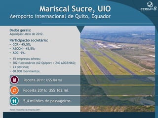 Mariscal Sucre, UIO
Aeroporto internacional de Quito, Equador

Dados gerais:
Aquisição: Maio de 2012.

Participação societária:
• CCR – 45,5%;
• AECON – 45,5%;
• ADC– 9%.
•   15 empresas aéreas;
•   302 funcionários (62 Quiport + 240 ADC&HAS);
•   23 destinos;
•   68.000 movimentos.

              Receita 2011: US$ 84 mi


              Receita 2016: US$ 162 mi.

              5,4 milhões de passageiros.

Fonte: relatórios da empresa 2011
 