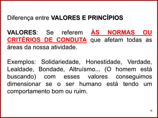 Professora Amanda Almozara
16
Diferença entre VALORES E PRINCÍPIOS
VALORES: Se referem ÀS NORMAS OU
CRITÉRIOS DE CONDUTA que afetam todas as
áreas da nossa atividade.
Exemplos: Solidariedade, Honestidade, Verdade,
Lealdade, Bondade, Altruísmo... (O homem está
buscando) com esses valores conseguimos
dimensionar se o ser humano está tendo um
comportamento bom ou ruim.
 