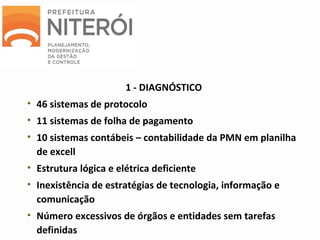 1 - DIAGNÓSTICO
• 46 sistemas de protocolo
• 11 sistemas de folha de pagamento
• 10 sistemas contábeis – contabilidade da PMN em planilha
de excell
• Estrutura lógica e elétrica deficiente
• Inexistência de estratégias de tecnologia, informação e
comunicação
• Número excessivos de órgãos e entidades sem tarefas
definidas
 