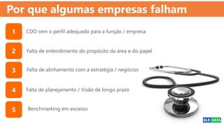 Por que algumas empresas falham
1
2
3
4
5
Falta de entendimento do propósito da área e do papel
Benchmarking em excesso
Falta de planejamento / Visão de longo prazo
CDO sem o perfil adequado para a função / empresa
Falta de alinhamento com a estratégia / negócios
 