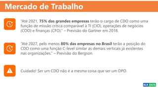 Mercado de Trabalho
“Até 2021, 75% das grandes empresas terão o cargo de CDO como uma
função de missão crítica comparável à TI (CIO), operações de negócios
(COO) e finanças (CFO).” – Previsão do Gartner em 2018.
“Até 2027, pelo menos 80% das empresas no Brasil terão a posição do
CDO como uma função C-level similar as demais verticais já existentes
nas organizações.” – Previsão do Bergson.
Cuidado! Ser um CDO não é a mesma coisa que ser um DPO.
 