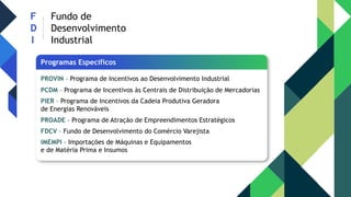 F
D
I
Fundo de
Desenvolvimento
Industrial
Programas Específicos
PROVIN – Programa de Incentivos ao Desenvolvimento Industrial
PCDM – Programa de Incentivos às Centrais de Distribuição de Mercadorias
PIER – Programa de Incentivos da Cadeia Produtiva Geradora
de Energias Renováveis
PROADE – Programa de Atração de Empreendimentos Estratégicos
FDCV – Fundo de Desenvolvimento do Comércio Varejista
IMEMPI – Importações de Máquinas e Equipamentos
e de Matéria Prima e Insumos
 