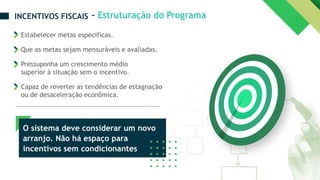 Estabelecer metas específicas.
Que as metas sejam mensuráveis e avaliadas.
Pressuponha um crescimento médio
superior à situação sem o incentivo.
Capaz de reverter as tendências de estagnação
ou de desaceleração econômica.
O sistema deve considerar um novo
arranjo. Não há espaço para
incentivos sem condicionantes
INCENTIVOS FISCAIS – Estruturação do Programa
 