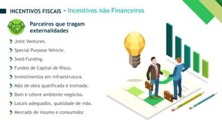 Joint Ventures.
Special Purpose Vehicle.
Seed Funding.
Fundos de Capital de Risco.
Parceiros que tragam
externalidades
Investimentos em infraestrutura.
Mão de obra qualificada e treinada.
Bom e célere ambiente negócios.
Locais adequados, qualidade de vida.
Mercado de insumo e consumidor.
INCENTIVOS FISCAIS – Incentivos não Financeiros
 