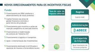 3%
Financiamento em PD&I (melhoria e
desenvolvimento de novos produtos)
Capital Humano nas áreas de
gestão financeira/controles e
parte técnica de produção
Financiamento para incentivo a ações de
inserção competitiva no mercado externo
Financiamento à modernização
do contexto de "Indústria 4.0"
Financiamento a logística e transportes
Apoio à interiorização dos investimentos
Financiamento destinado à certificação e
aquisição de insumos a fornecedores locais)
Fundo
2%
Taxa do valor do
imposto diferido
NOVOS DIRECIONAMENTOS PARA OS INCENTIVOS FISCAIS
Lucro real
Regime
Administração
Igual montante de
recursos próprios
Contrapartida
da Empresa
 