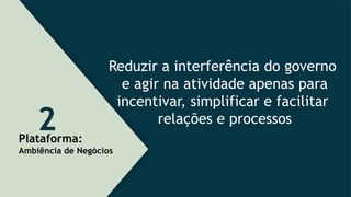 Plataforma:
Ambiência de Negócios
2
Reduzir a interferência do governo
e agir na atividade apenas para
incentivar, simplificar e facilitar
relações e processos
 