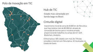 Hub de TIC
Estado mais conectado em
banda larga no Brasil.
Cinturão digital
Investimento inicial de cerca de 8.000 km de fibra ótica
que hoje totaliza mais de 80.000 km através da
concessão de trechos para a iniciativa privada,
proporcionando trabalhos no campo de IoT, VoIP,
Blockchain, Analytics.
O Brasil possui 185 cidades com mais de 75% das
conexões à internet com fibra óptica, 42 localizadas no
Estado do Ceará.
Polo de Inovação em TIC
 