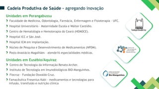 Unidades em Porangabussu
Faculdade de Medicina, Odontologia, Farmácia, Enfermagem e Fisioterapia – UFC.
Hospital Universitário – Maternidade Escola e Walter Cantídio.
Centro de Hematologia e Hemoterapia do Ceará (HEMOCE).
Hospital ICC e São José.
Hospital ICM em implantação.
Núcleo de Pesquisa e Desenvolvimento de Medicamentos (NPDM).
Posto Anastácio Magalhães – atende16 especialidades médicas.
Unidades em Eusébio/Aquiraz
Centro de Tecnologia da Informação Renato Archer.
Instituto de Tecnologia em Imunobiológicos BIO-Manguinhos.
Fiocruz – Fundação Oswaldo Cruz.
Famacêutica Fresenius Kabi - medicamentos e tecnologias para
infusão, transfusão e nutrição clínica
Cadeia Produtiva de Saúde – agregando inovação
 