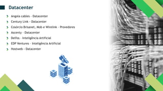 Angola cables – Datacenter
Century Link - Datacenter
Cosórcio Brisanet, Mob e Wirelink – Provedores
Ascenty – Datacenter
Delfos – Inteligência Artificial
EDP Ventures – Inteligência Artificial
Hostweb - Datacenter
Datacenter
 