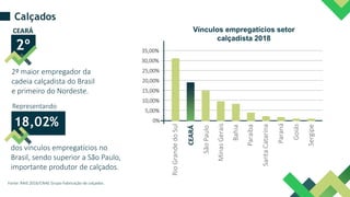 Calçados
dos vínculos empregatícios no
Brasil, sendo superior a São Paulo,
importante produtor de calçados.
18,02%
Representando
2º maior empregador da
cadeia calçadista do Brasil
e primeiro do Nordeste.
CEARÁ
Fonte: RAIS 2016/CNAE Grupo Fabricação de calçados.
2º
0%
5,00%
10,00%
15,00%
20,00%
25,00%
30,00%
35,00%
Vínculos empregatícios setor
calçadista 2018
Rio
Grande
do
Sul
São
Paulo
Minas
Gerais
Bahia
Paraíba
Paraná
Goiás
Santa
Catarina
Sergipe
CEARÁ
 