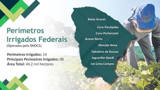 Perímetros
Irrigados Federais
(Operados pelo DNOCS)
Perímetros Irrigados: 14
Principais Perímetros Irrigados: 08
Área Total: 44,2 mil hectares
Baixo Acaraú
Curu-Paraipaba
Curu-Pentecoste
Araras Norte
Morada Nova
Tabuleiro de Russas
Jaguaribe-Apodi
Icó-Lima Campos
 