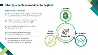 Estratégia de Desenvolvimento Regional
Criação de uma nova economia baseada nos
empreendimentos inovadores da região
Aumento da riqueza da região com melhor
distribuição de renda
Aumento da riqueza do estado com
melhor distribuição entre as regiões
Resultados Esperados
Retenção e atração dos talentos
formados na região através da oferta
de oportunidades de alta qualidade
Maior competitividade das regiões pelo incremento
de produtividade das atividades de maior potencial
 