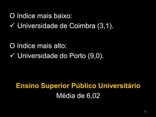 O índice mais baixo:
 Universidade de Coimbra (3,1).
O índice mais alto:
 Universidade do Porto (9,0).
Ensino Superior Público Universitário
Média de 6,02
16
 
