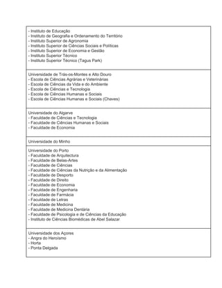 ­ Instituto de Educação 
­ Instituto de Geografia e Ordenamento do Território 
­ Instituto Superior de Agronomia 
­ Instituto Superior de Ciências Sociais e Políticas 
­ Instituto Superior de Economia e Gestão 
­ Instituto Superior Técnico 
­ Instituto Superior Técnico (Tagus Park) 
 
Universidade de Trás­os­Montes e Alto Douro 
­ Escola de Ciências Agrárias e Veterinárias 
­ Escola de Ciências da Vida e do Ambiente 
­ Escola de Ciências e Tecnologia 
­ Escola de Ciências Humanas e Sociais 
­ Escola de Ciências Humanas e Sociais (Chaves) 
 
Universidade do Algarve 
­ Faculdade de Ciências e Tecnologia 
­ Faculdade de Ciências Humanas e Sociais 
­ Faculdade de Economia 
 
Universidade do Minho 
Universidade do Porto  
­ Faculdade de Arquitectura 
­ Faculdade de Belas­Artes 
­ Faculdade de Ciências 
­ Faculdade de Ciências da Nutrição e da Alimentação 
­ Faculdade de Desporto 
­ Faculdade de Direito 
­ Faculdade de Economia 
­ Faculdade de Engenharia 
­ Faculdade de Farmácia 
­ Faculdade de Letras 
­ Faculdade de Medicina 
­ Faculdade de Medicina Dentária 
­ Faculdade de Psicologia e de Ciências da Educação 
­ Instituto de Ciências Biomédicas de Abel Salazar 
 
Universidade dos Açores  
­ Angra do Heroísmo 
­ Horta 
­ Ponta Delgada 
 
 
 