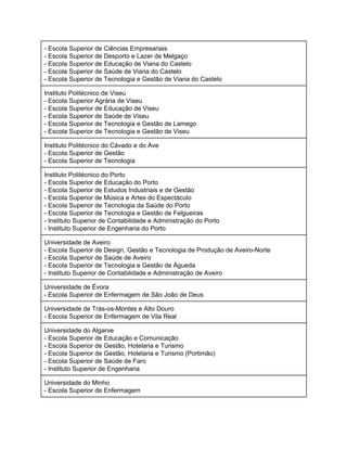 ­ Escola Superior de Ciências Empresariais 
­ Escola Superior de Desporto e Lazer de Melgaço 
­ Escola Superior de Educação de Viana do Castelo 
­ Escola Superior de Saúde de Viana do Castelo 
­ Escola Superior de Tecnologia e Gestão de Viana do Castelo 
Instituto Politécnico de Viseu  
­ Escola Superior Agrária de Viseu 
­ Escola Superior de Educação de Viseu 
­ Escola Superior de Saúde de Viseu 
­ Escola Superior de Tecnologia e Gestão de Lamego 
­ Escola Superior de Tecnologia e Gestão de Viseu 
Instituto Politécnico do Cávado e do Ave  
­ Escola Superior de Gestão  
­ Escola Superior de Tecnologia 
Instituto Politécnico do Porto  
­ Escola Superior de Educação do Porto 
­ Escola Superior de Estudos Industriais e de Gestão 
­ Escola Superior de Música e Artes do Espectáculo 
­ Escola Superior de Tecnologia da Saúde do Porto 
­ Escola Superior de Tecnologia e Gestão de Felgueiras 
­ Instituto Superior de Contabilidade e Administração do Porto 
­ Instituto Superior de Engenharia do Porto 
Universidade de Aveiro  
­ Escola Superior de Design, Gestão e Tecnologia de Produção de Aveiro­Norte 
­ Escola Superior de Saúde de Aveiro 
­ Escola Superior de Tecnologia e Gestão de Águeda 
­ Instituto Superior de Contabilidade e Administração de Aveiro 
Universidade de Évora  
­ Escola Superior de Enfermagem de São João de Deus 
Universidade de Trás­os­Montes e Alto Douro  
­ Escola Superior de Enfermagem de Vila Real 
Universidade do Algarve  
­ Escola Superior de Educação e Comunicação 
­ Escola Superior de Gestão, Hotelaria e Turismo 
­ Escola Superior de Gestão, Hotelaria e Turismo (Portimão) 
­ Escola Superior de Saúde de Faro 
­ Instituto Superior de Engenharia 
Universidade do Minho  
­ Escola Superior de Enfermagem 
 
 