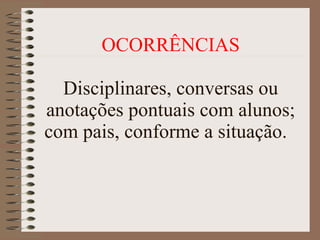 OCORRÊNCIAS Disciplinares, conversas ou anotações pontuais com alunos; com pais, conforme a situação.  