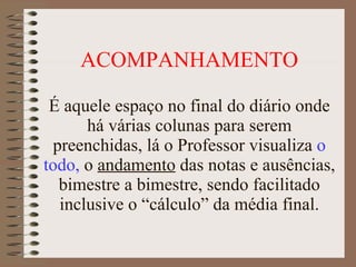 ACOMPANHAMENTO É aquele espaço no final do diário onde há várias colunas para serem preenchidas, lá o Professor visualiza  o todo,  o  andamento  das notas e ausências, bimestre a bimestre, sendo facilitado inclusive o “cálculo” da média final. 