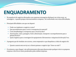 ENQUADRAMENTONa sequência de negócios efectuados com empresas estrangeiras desloquei-me várias vezes  ao estrangeiro , e quando propus internacionalizar a empresa , fui confrontado com várias dificuldades.Principais dificuldades com que me deparei:Onde vou implantar o negócio e como?Que procedimentos para o envio e transportes de material?Como desalfandegar e transportar para o local da obra?Autorizações, vistos, passagens, hotel, alimentação, transporte e acompanhamento para o pessoal técnico?Qual a logística para a montagem do equipamento (ferramentas e máquinas de elevação)? etc.A pergunta que de imediato me ocorreu, como empresário e que despoletou a ideia do negócio foi:Quanto custaria este serviço se o cliente quisesse o negócio tipo “chave na mão”?Os números a que cheguei  são suficientemente altos para desencorajar qualquer micro ou pequena empresa e têm de ser muito ponderados pelas médias empresas. 