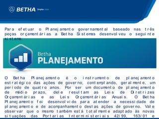 Par a ef et uar o Pl anej am ent o gover nam ent al baseado nas t r ês
peças or çam  ent ár i as a Bet ha Si st emas desenvol veu o segui nt e
si st ema:




O Bet ha        Pl anej ament o    é    o     i nst r ument o     de    pl anej am   ent o
est r at égi co das ações de gover no, cont em ando, ger al m
                                                          pl                  ent e, um
per í odo de quat r o anos. Por ser um docum                 ent o de pl anej am     ent o
de    m édi o    pr azo,    del e    r esul t am as         Lei s    de    Di r et r i zes
Or çam ent ár i as   e as       Lei s    Or çam  ent ár i as     Anuai s.    O Bet ha
Pl anej am ent o f oi desenvol vi do par a at ender a necessi dade de
pl anej am ent o e de acom    panham   ent o dest as ações de gover no. Val e
obser var que o m      esm t am
                           o      bém est á t ot al m    ent e adapt ado às novas
si t uações das Por t ar i as I nt er m ni st er i ai s 42/ 99,
                                              i                             163/ 01 e
 