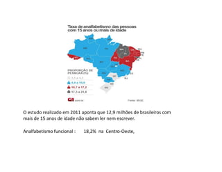O estudo realizado em 2011 aponta que 12,9 milhões de brasileiros com
mais de 15 anos de idade não sabem ler nem escrever.
Analfabetismo funcional : 18,2% na Centro-Oeste,
 