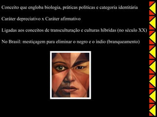 Conceito que engloba biologia, práticas políticas e categoria identitária

Caráter depreciativo x Caráter afirmativo

Ligadas aos conceitos de transculturação e culturas híbridas (no século XX)

No Brasil: mestiçagem para eliminar o negro e o índio (branqueamento)
 