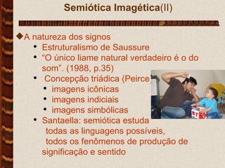 Semiótica Imagética (II) A natureza dos signos Estruturalismo de Saussure “ O único liame natural verdadeiro é o do som”. (1988, p.35) Concepção triádica (Peirce) imagens icônicas imagens indiciais imagens simbólicas  Santaella: semiótica estuda todas as linguagens possíveis, todos os fenômenos de produção de significação e sentido  