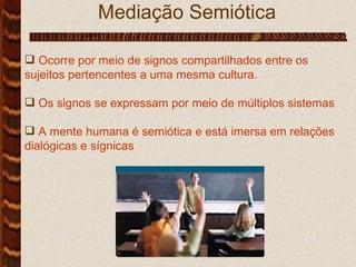 Mediação Semiótica Ocorre por meio de signos compartilhados entre os sujeitos pertencentes a uma mesma cultura. Os signos se expressam por meio de múltiplos sistemas A mente humana é semiótica e está imersa em relações dialógicas e sígnicas 