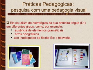 Práticas Pedagógicas:  pesquisa   com uma pedagogia visual Ele se utiliza de estratégias da sua primeira língua (L1) em diferentes graus, como, por exemplo: ausência de elementos gramaticais erros ortográficos uso inadequado da flexão Ex:  o  televisã o 
