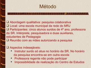 Método Abordagem qualitativa: pesquisa colaborativa Local: uma escola municipal da rede do MRJ Participantes: cinco alunos surdos de 4º ano, professora da SR. Intérprete, pesquisadora e duas auxiliares, estudantes de Pedagogia Reunião com as mães autorizando a pesquisa Aspectos indesejáveis: Instrutor surdo só atua no horário da SR. No horário da pesquisa encontra-se em outra escola Professora regente não pode participar  Impossibilidade de realização do Centro de Estudos 