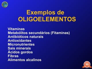 Exemplos de OLIGOELEMENTOS Vitaminas Metabólitos secundários (Fitaminas) Antibióticos naturais Antioxidantes Micronutrientes Sais minerais Ácidos gordos Fibras Alimentos alcalinos  