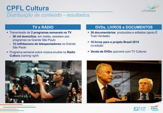 CPFL Cultura
Distribuição de conteúdo - resultados

                  TV e RÁDIO                            DVDs, LIVROS e DOCUMENTOS
 Transmissão de 2 programas semanais na TV         36 documentários produzidos e editados (apoio É
  › 58 mil domicílios, em média, assistem aos        Tudo Verdade)
    programas na Grande São Paulo
                                                    10 livros para o projeto Brasil 2014
  › 12 milhões/ano de telespectadores na Grande
                                                     co-edição
    São Paulo
 Programa semanal sobre música erudita na Rádio    Venda de DVDs (parceria com TV Cultura)
  Cultura (naming right)
 