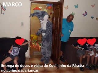 MARÇO
Entrega de doces e visita do Coelhinho da Páscoa
no abrigo das crianças
 