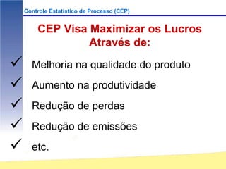 Controle Estatístico de Processo (CEP)


        CEP Visa Maximizar os Lucros
                 Através de:

     Melhoria na qualidade do produto
     Aumento na produtividade
     Redução de perdas
     Redução de emissões
     etc.
 